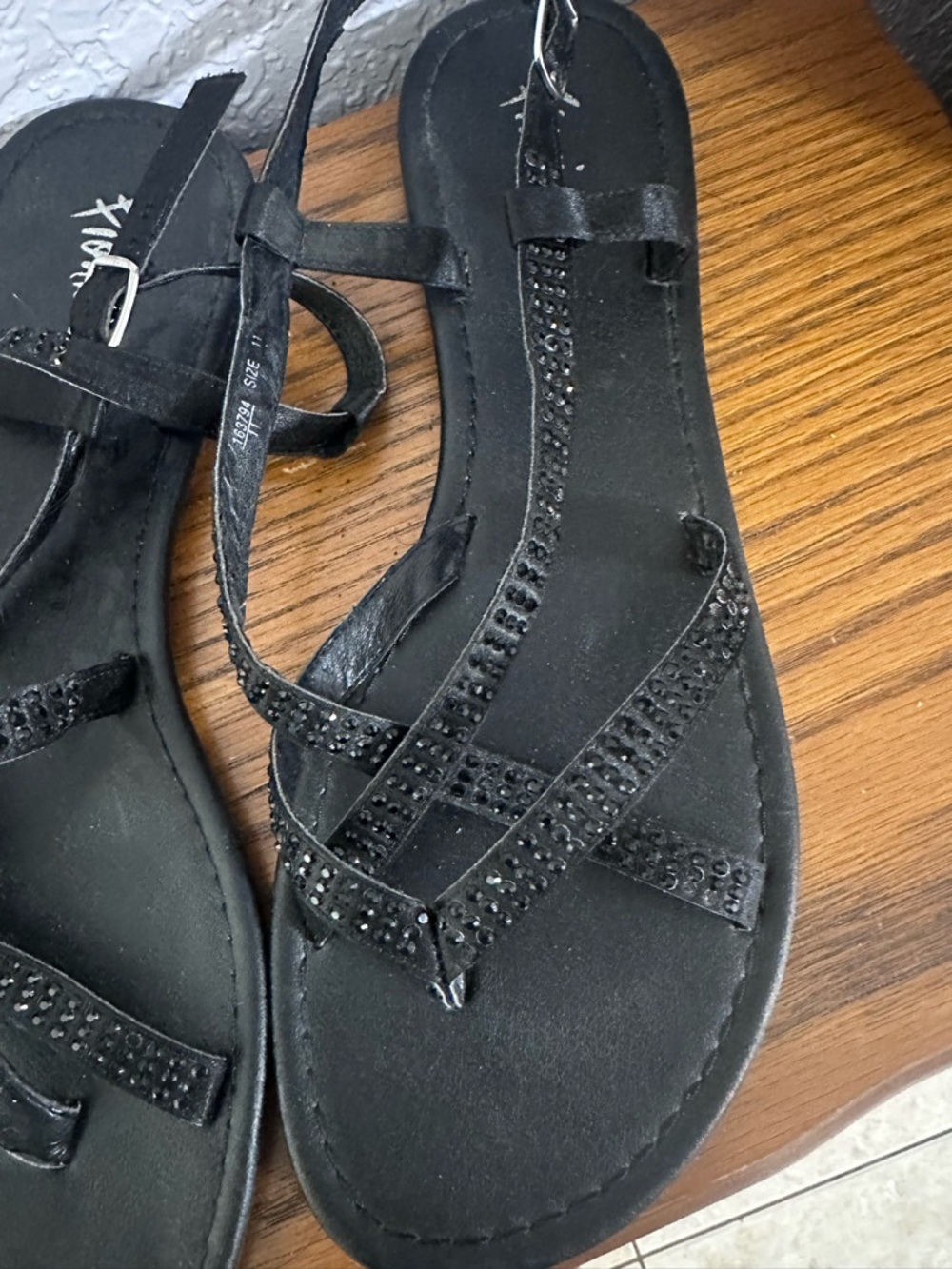 Women's Black Rhinestone Strappy Sandals -  Slip-On